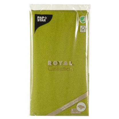 A tablecloth by PAPSTAR GmbH from the "ROYAL Collection" (120 x 180 cm) with visible branding and eco-certification logos is perfect for a stylishly set table.