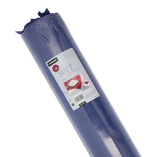 A roll of Starpak tablecloth, fabric-like fleece from the “Soft Selection” series, is packaged in clear plastic and comes with a label with instructions for use and product details.