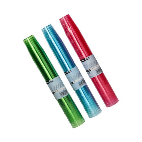 Three stacks of Starpak 40 shot glasses made of PS, each 4 cl, color-sorted (green, blue, pink), are placed diagonally on a white background. Each package contains 40 cups in shrink wrap with white labels.