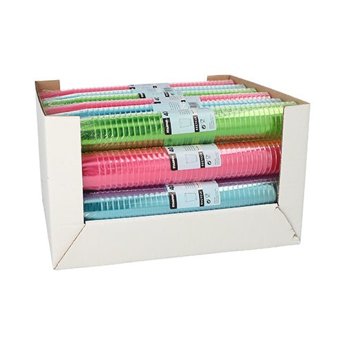 In a white box from Starpak, there are 40 color-sorted PS shot glasses (4 cl, Ø 4.2 x 5.2 cm), neatly packed in shrink wrap with pink, green, and blue cups per stack.