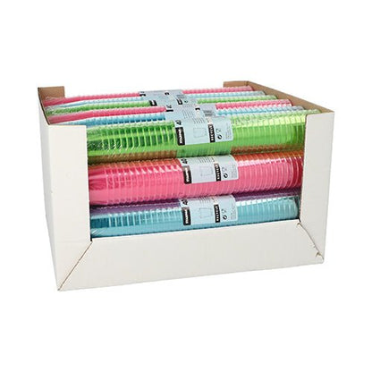 In a white box from Starpak, there are 40 color-sorted PS shot glasses (4 cl, Ø 4.2 x 5.2 cm), neatly packed in shrink wrap with pink, green, and blue cups per stack.