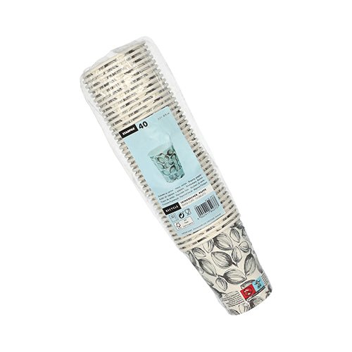 A pack of 40 Starpak disposable cups in the "Leaves" design (0.2 l, Ø 8 cm, 9.1 cm, white) made of paper, wrapped in foil. The label contains product information, a barcode, and the image of a cup with a beverage.