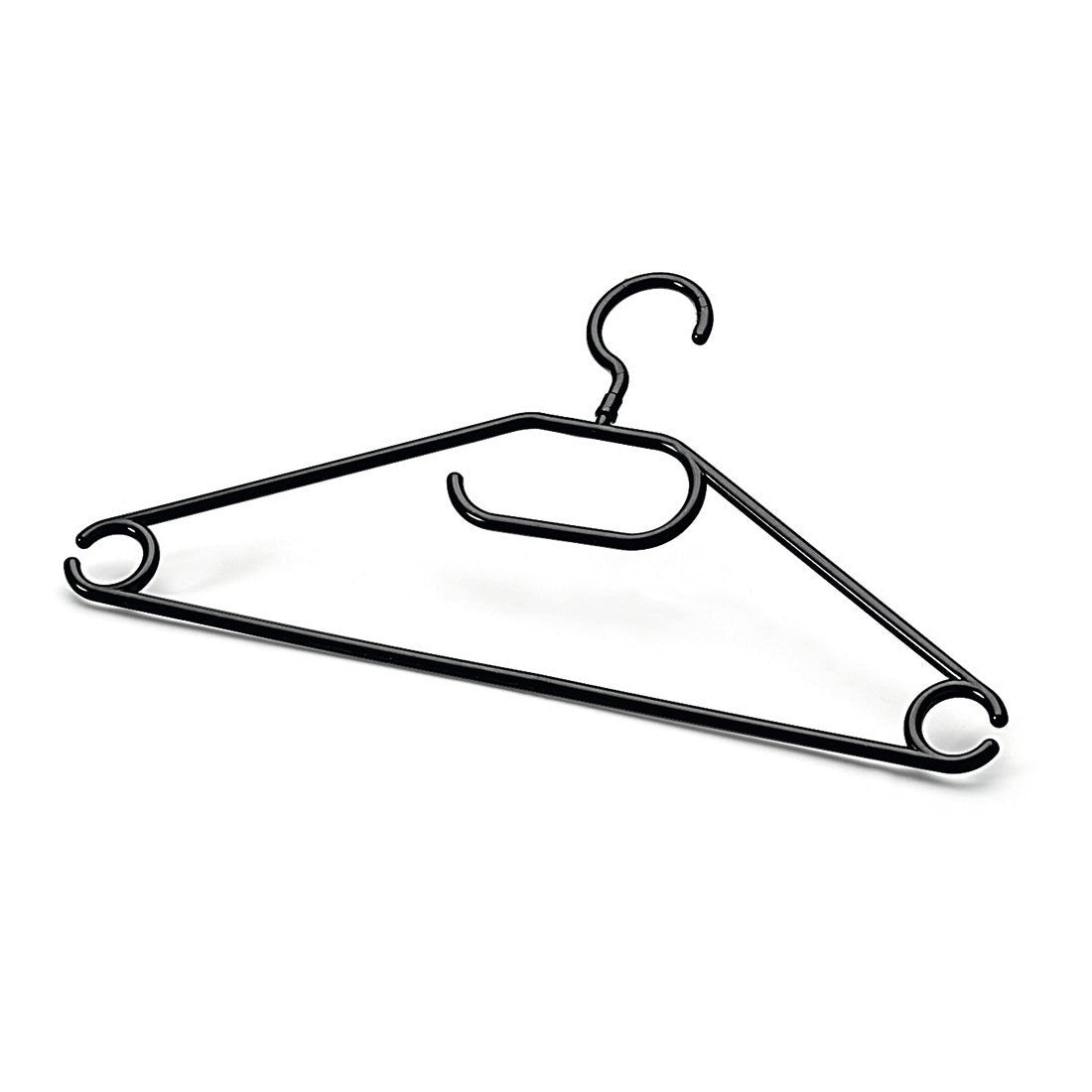A black 42 cm long plastic clothes hanger with rounded ends, round hooks, and a smaller hook from the Nölle Profi Brush multipurpose hanger 6-piece set by Nölle Profi Brush Bürsten- & Pinseltechnik e.K. - ideal for hanging multiple items efficiently.