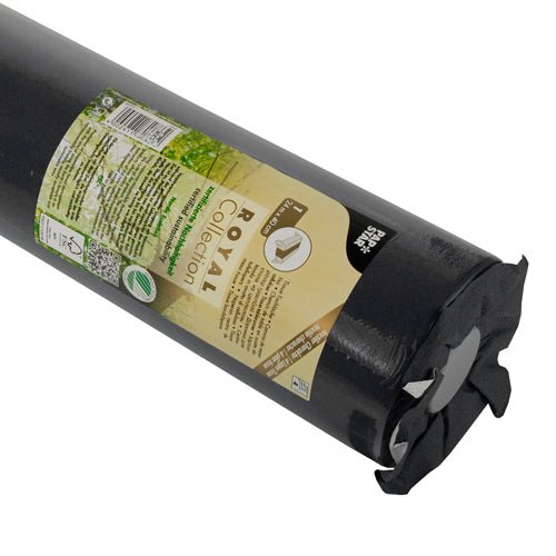 A rolled PAPSTAR table runner, Tissue "ROYAL Collection" (24 m x 40 cm) from PAPSTAR GmbH, with a brown-green label with text and symbols, features black tissue material at the ends of the rolls.