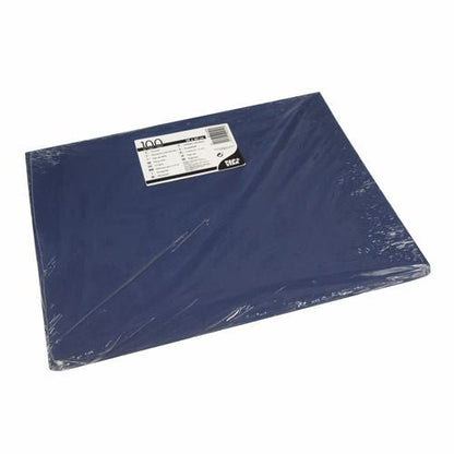 A sealed pack of PAPSTAR GmbH 100 placemats, paper 30 x 40 cm, in dark blue, features a white label with product information and is packed in eco-friendly clear plastic.