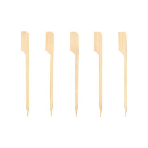 Five PAPSTAR 250 finger food skewers "pure" by PAPSTAR GmbH are arranged vertically on a plain white background. Each pick is light, has a flat, angled end, and a pointed tip - ideal for serving finger food.
