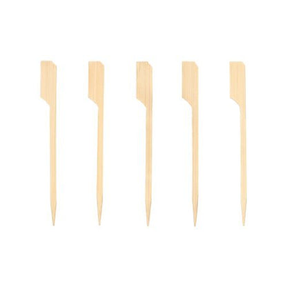 Five PAPSTAR 250 finger food skewers "pure" by PAPSTAR GmbH are arranged vertically on a plain white background. Each pick is light, has a flat, angled end, and a pointed tip - ideal for serving finger food.