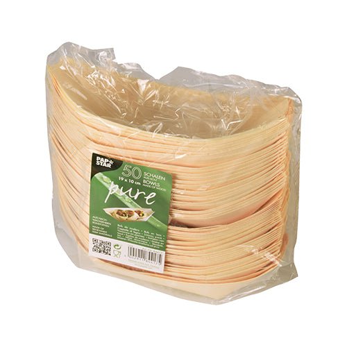 A clear plastic packaging from PAPSTAR GmbH contains 50 "pure" finger food bowls made of wood ("boats"). The green-white label shows product information and a picture of delicious snacks served in an environmentally friendly oval wooden bowl.