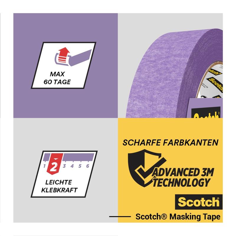 A roll of Scotch® Painter's Tape for delicate surfaces (36 mm x 41 m, 1 roll), from 3M Deutschland GmbH, is characterized by symbols for a maximum usage duration of 60 days, light adhesion, sharp paint lines, and advanced 3M technology. Text: DE/EN.