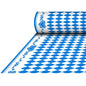 The PAPSTAR Airlaid tablecloth, Bavarian Blue (25 m x 1.18 m), features a blue and white diamond pattern with blue heart and floral borders; delivered as a roll in shrink wrap by PAPSTAR GmbH.