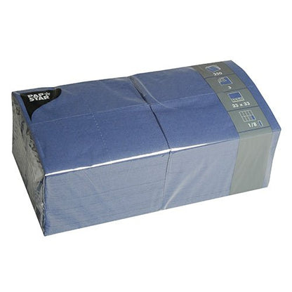 A sealed plastic packaging of PAPSTAR 250 napkins, 3-ply 1/8 fold by PAPSTAR GmbH. The blue napkins are folded, stacked in two rows, and each measures 33 x 33 cm, as indicated on the packaging.