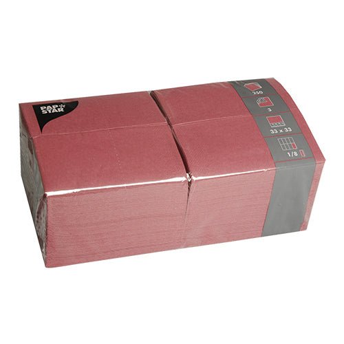 A package of PAPSTAR 250 napkins, 3-ply 1/8 fold by PAPSTAR GmbH is neatly wrapped in clear plastic and features a gray side label with product data.