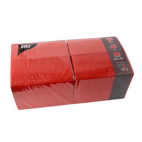 A sealed package of PAPSTAR 250 napkins, 3-ply 1/8 fold by PAPSTAR GmbH, with product information in the upper right corner of the packaging.