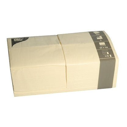 A stack of PAPSTAR 250 napkins, 3-ply 1/8 fold by PAPSTAR GmbH (33 x 33 cm), folded and wrapped in clear film with a gray label containing product information on one side.