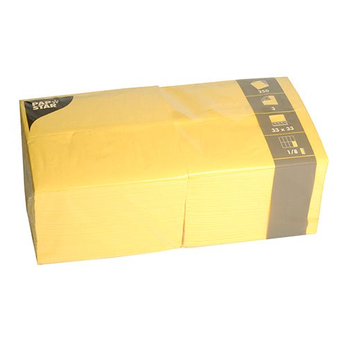 Pictured is a plastic-wrapped package of PAPSTAR 250 napkins, 3-ply 1/8 fold by PAPSTAR GmbH. The label on the right side contains symbols and numbers likely indicating details such as size (33 x 33 cm) or quantity.
