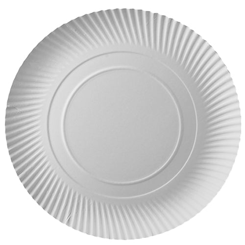 A PAPSTAR plate round Ø 32 cm, white, made of cardboard "pure", by PAPSTAR GmbH, as an environmentally friendly disposable plate with a corrugated edge, empty and without decorations on a white background - available in a pack of 10 in shrink wrap.