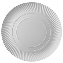 A PAPSTAR plate round Ø 32 cm, white, made of cardboard "pure", by PAPSTAR GmbH, as an environmentally friendly disposable plate with a corrugated edge, empty and without decorations on a white background - available in a pack of 10 in shrink wrap.