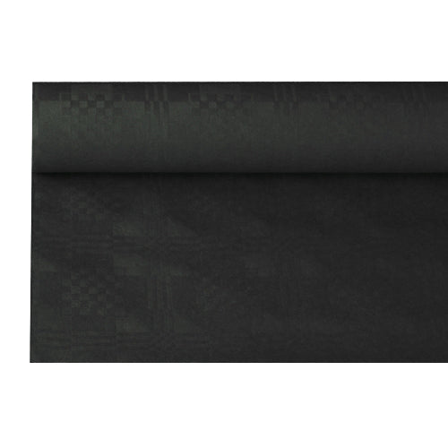 The paper tablecloth with damask embossing (8 m x 1.2 m) from PAPSTAR GmbH impresses with its black, geometrically checkered design and elegant embossing – ideal for stylish table decoration. It is depicted partially unrolled against a simple white background.