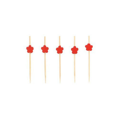 Five PAPSTAR 100 finger food - picks from PAPSTAR GmbH, each with a small red flower topper, stand in a row against a plain white background.