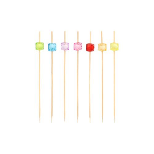 Six PAPSTAR 100 finger food - picks from PAPSTAR GmbH stand vertically, each with a unique colored square pearl - green, blue, pink, purple, red, and yellow - against a plain white background for a stylish presentation.