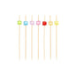 Six PAPSTAR 100 finger food - picks from PAPSTAR GmbH stand vertically, each with a unique colored square pearl - green, blue, pink, purple, red, and yellow - against a plain white background for a stylish presentation.