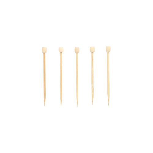 Five PAPSTAR 100 finger food picks from PAPSTAR GmbH made of bamboo with small, writable chalkboard squares as tops are arranged in a horizontal line on a white background.
