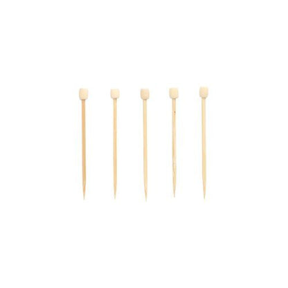 Five PAPSTAR 100 finger food picks from PAPSTAR GmbH made of bamboo with small, writable chalkboard squares as tops are arranged in a horizontal line on a white background.
