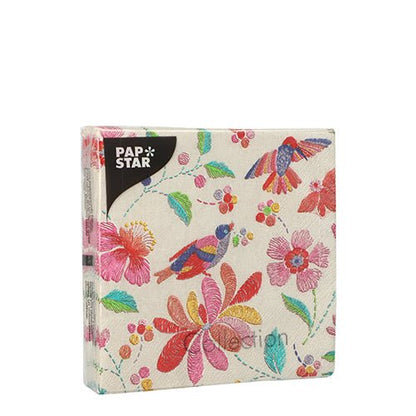 A 20-pack of PAPSTAR 3-ply napkins (25 x 25 cm, 1/4-fold) from PAPSTAR GmbH with colorful flower and bird patterns on white – ideal for a stylish table decoration.