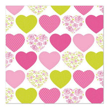 A pretty row pattern of pink and yellow hearts - some solid, some with dots or flowers - adorns the PAPSTAR GmbH 20 napkins, 33 cm x 33 cm, 3-ply, 1/4-fold design set 1 on a white background.