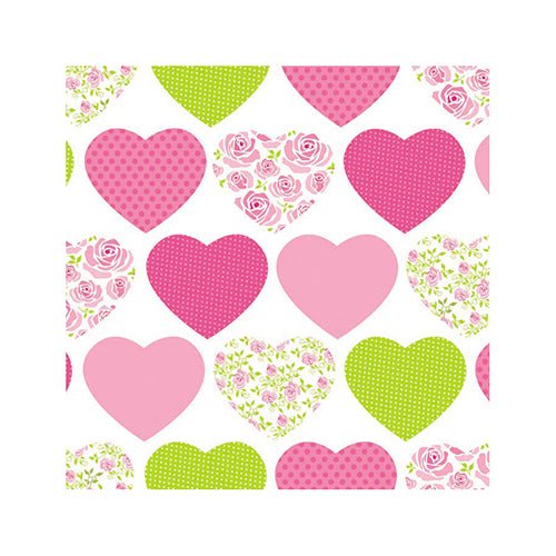 A charming heart pattern in pink, green, and white – with floral and dotted designs – adorns these PAPSTAR 20 napkins, 25 cm x 25 cm, 3-ply, from PAPSTAR GmbH.