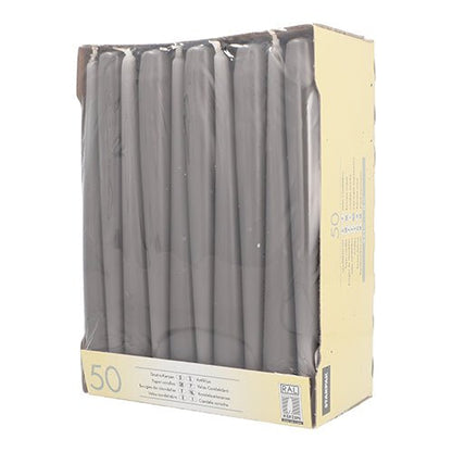 In a partially visible beige box with a clear window are upright-standing Starpak 50 taper candles Ø 2.2 cm - 25 cm, white candles known for their long burn time.