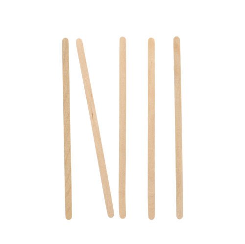 Five PAPSTAR wooden stirring sticks "pure" (14 cm) from PAPSTAR GmbH are arranged vertically on a white background, with the second stirring stick from the left tilted diagonally to the right.