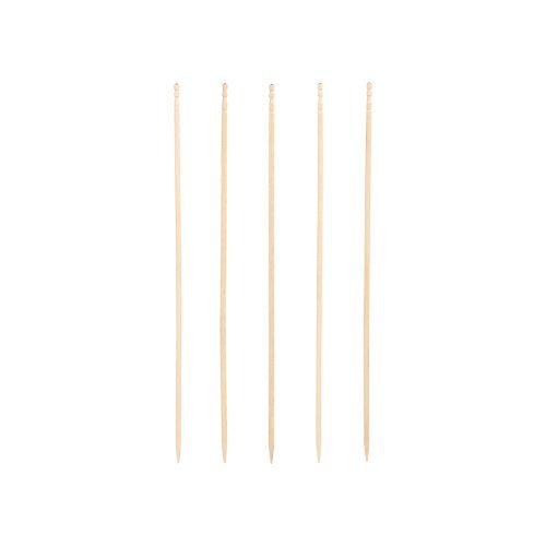 Five PAPSTAR finger food picks "pure", 15 cm, elegantly turned, are arranged vertically against a white background. The wooden skewers from PAPSTAR GmbH have a pointed end and a rounded head - perfect for catering.