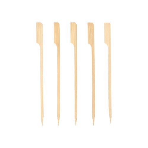 Five PAPSTAR 250 finger food skewers "pure" by PAPSTAR GmbH with flat, notched wooden sticks and pointed tips are lined up on a white background - ideal for any party buffet.