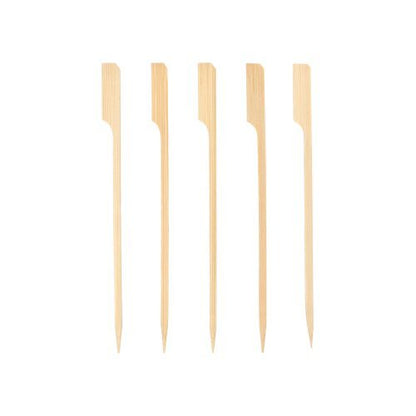 Five PAPSTAR 250 finger food skewers "pure" by PAPSTAR GmbH with flat, notched wooden sticks and pointed tips are lined up on a white background - ideal for any party buffet.