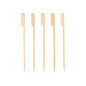 Five PAPSTAR 250 finger food skewers "pure" by PAPSTAR GmbH with flat, notched wooden sticks and pointed tips are lined up on a white background - ideal for any party buffet.
