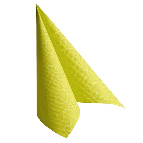 A single green PAPSTAR "ROYAL Collection" 1/4-fold 40 x 40 cm napkin by PAPSTAR GmbH is folded upright into a cone shape on a white background - perfect for festive occasions.