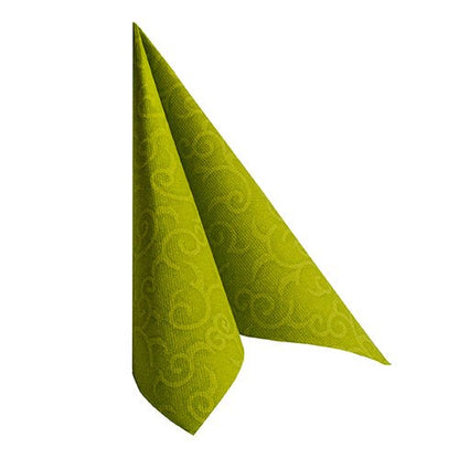 A folded green PAPSTAR GmbH "ROYAL Collection" napkin 40 x 40 cm (1/4-fold) stands upright in a triangular shape on a white background.