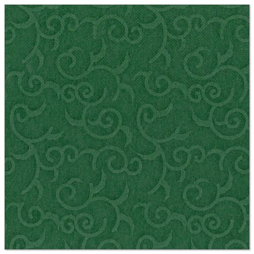 The square, dark green napkin from the ROYAL Collection by PAPSTAR GmbH (40 x 40 cm, 1/4-fold) is provided with an evenly embossed, vine-like pattern over the surface. The package contains 50 napkins.