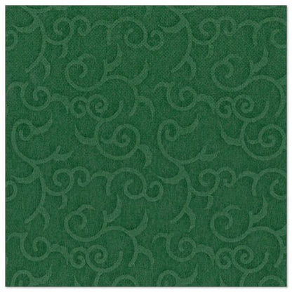 The square, dark green napkin from the ROYAL Collection by PAPSTAR GmbH (40 x 40 cm, 1/4-fold) is provided with an evenly embossed, vine-like pattern over the surface. The package contains 50 napkins.