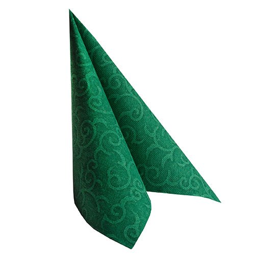 The green napkin "ROYAL Collection" by PAPSTAR GmbH (40 x 40 cm, 1/4-fold) with embossed swirl is folded vertically into a triangle on a white background - ideal for festive occasions.