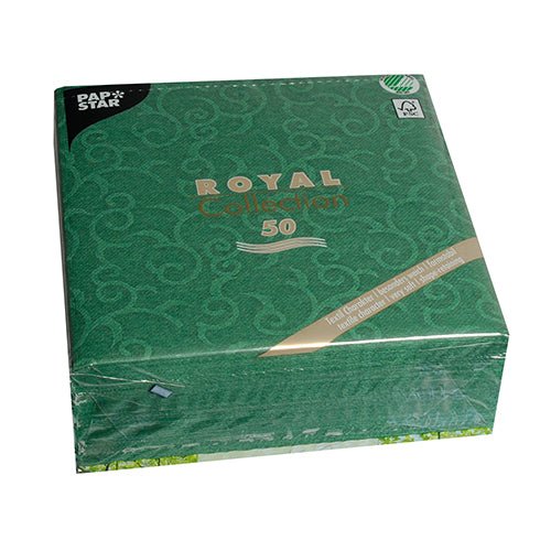 A package with 50 PAPSTAR GmbH napkins "ROYAL Collection" 1/4-fold, green, 40 x 40 cm, elegantly designed paper napkins from the Royal Collection.