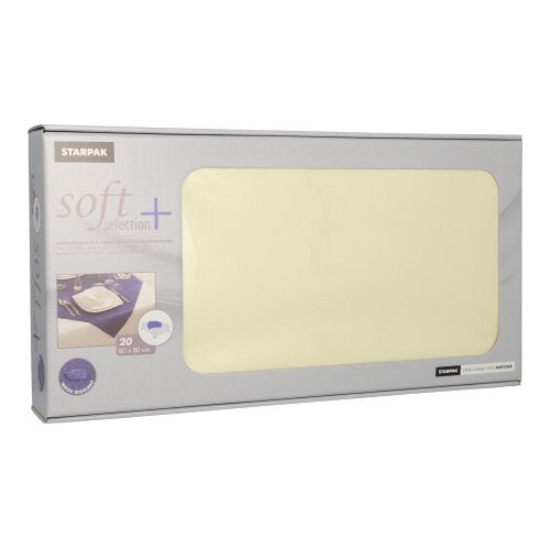 A pack of 20 Starpak “Soft Selection Plus” table covers, made of fabric-like fleece, each 80 x 80 cm; packaging mostly gray with a clear window and printed product information on the front.