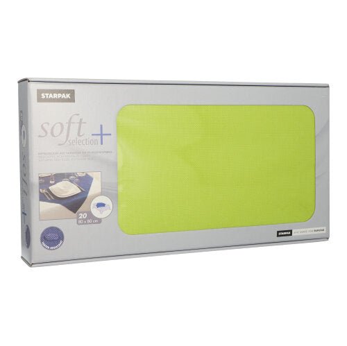 A rectangular box with 20 Starpak centerpieces, fabric-like fleece underlays "Soft Selection Plus" (80 x 80 cm), with product details and a sample underlay on the packaging.