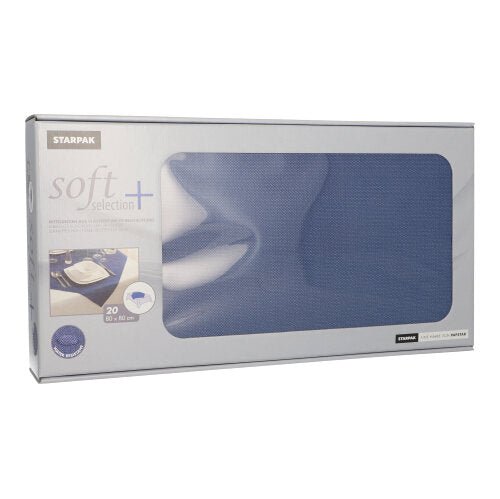 A rectangular box with Starpak 20 table covers “soft selection plus” made of soft, fabric-like fleece measuring 80 x 80 cm, with a clear window and product details printed on the packaging.