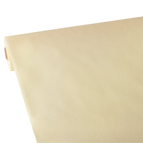 A partially unrolled Starpak tablecloth, fabric-like, fleece "soft selection plus" by Starpak in light beige lies flat, showing its soft, smooth texture. The durable tablecloth is plain and without visible patterns or markings.