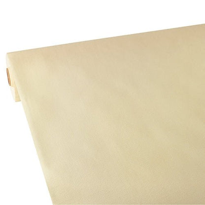 A partially unrolled Starpak tablecloth, fabric-like, fleece "soft selection plus" by Starpak in light beige lies flat, showing its soft, smooth texture. The durable tablecloth is plain and without visible patterns or markings.
