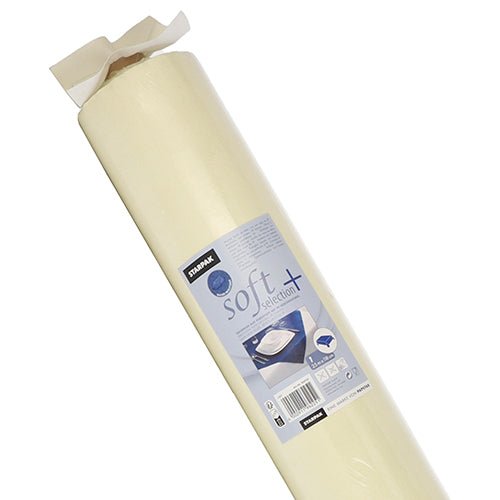 A roll of ivory Starpak tablecloth, fabric-like fleece "soft selection plus", with product information, a plate, and a napkin, as well as icons showing the features of the durable tablecloth and usage instructions.