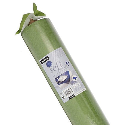 A roll of Starpak tablecloth, fabric-like, fleece "soft selection plus" with a white label featuring the brand name, usage illustrations, and a photo of the insert, used as a durable tablecloth under kitchen appliances.