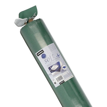 A green roll of Starpak tablecloth, fabric-like, fleece "soft selection plus", ideal as a durable tablecloth, with a product label and a small piece of white material peeled from the top, photographed on a white background.